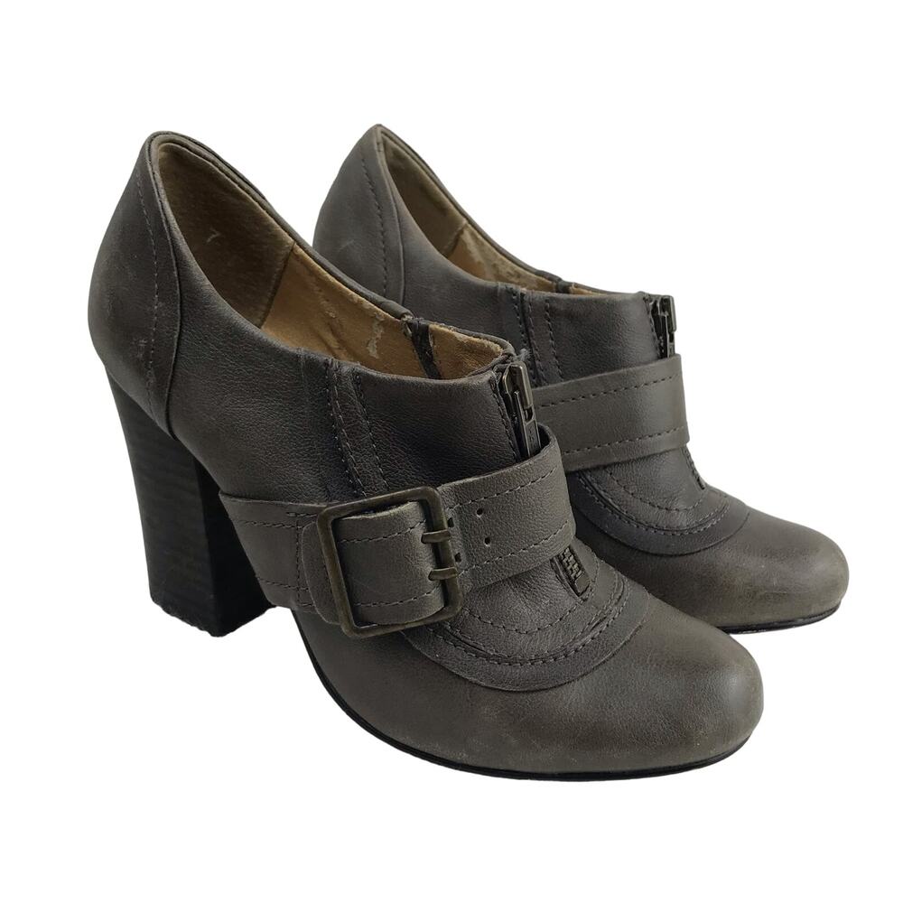 Seychelles Women's Ankle Boots Black Brown Distressed Zip Buckle 3.8" Heel Sz 7